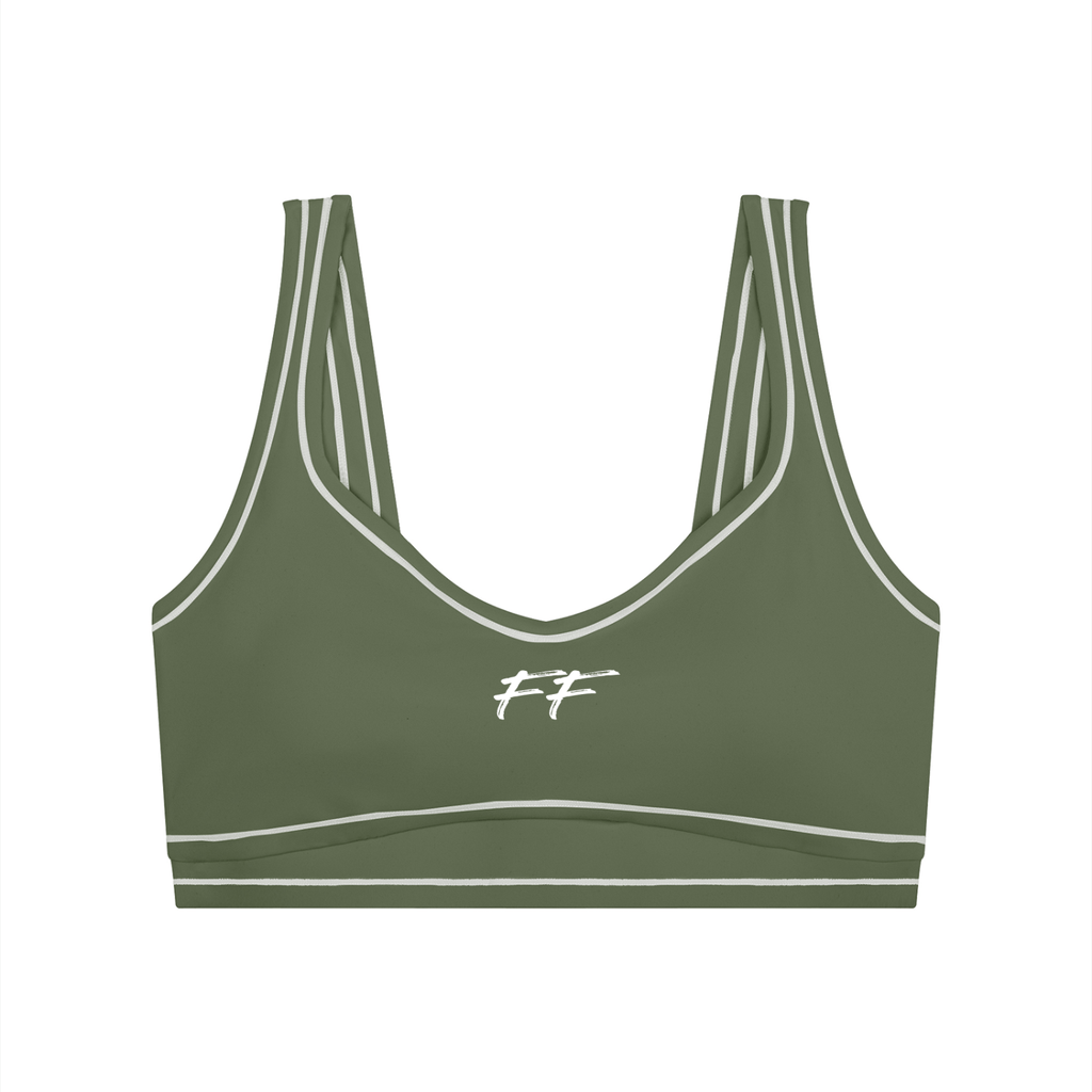 Double Take Topstitching olive green sports bra with white topstitching, dual straps, and a white logo on front.