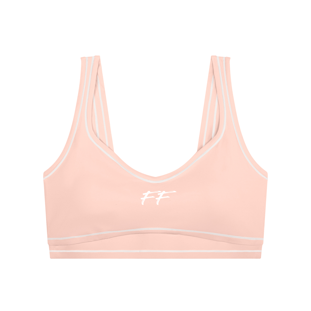 Women's light pink nylon blend yoga sports bra with white logo and seams, featuring Double Take Topstitching details.