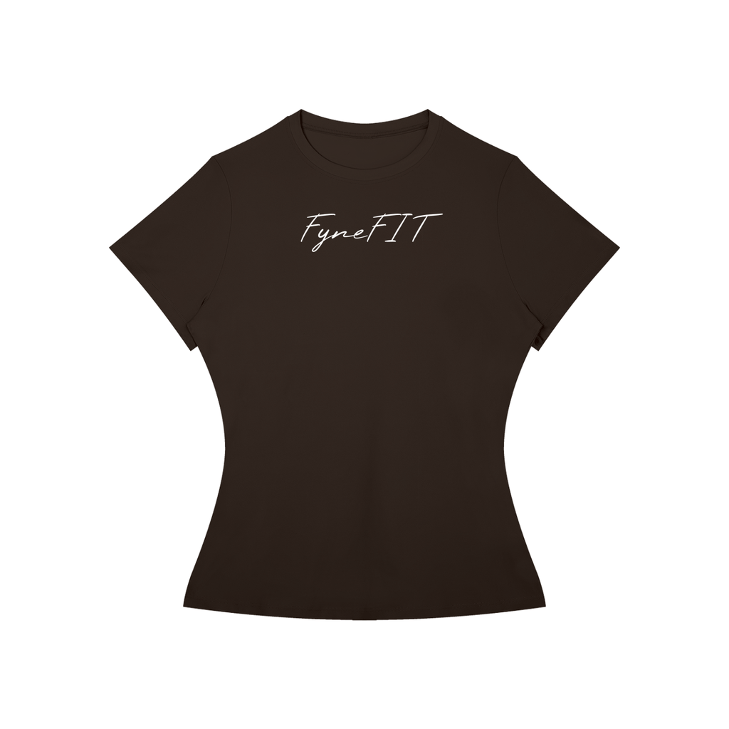 Women’s Slim Fit Performance T-Shirt in black with short sleeves, round neck, and white "FyneFIT" text on the front.
