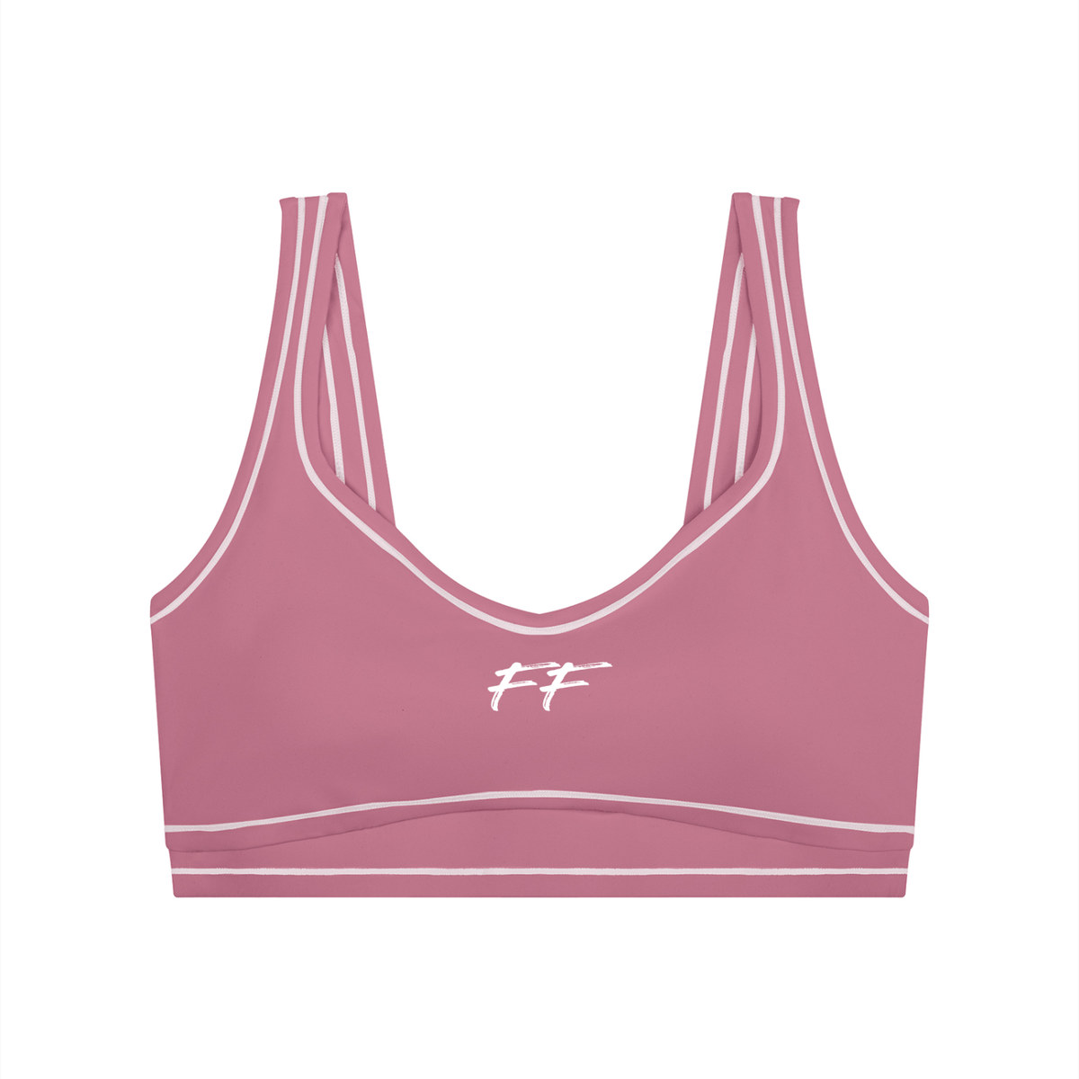Double Take Topstitching sports bra in dusty pink with light pink trim, seamless shoulders, and a U-neckline.