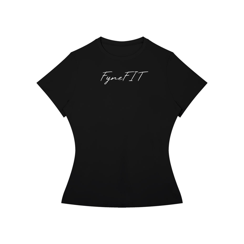 Women’s Slim Fit Performance T-Shirt in black with short sleeves, round neck, and slim fit silhouette featuring "FyneFIT" text on chest