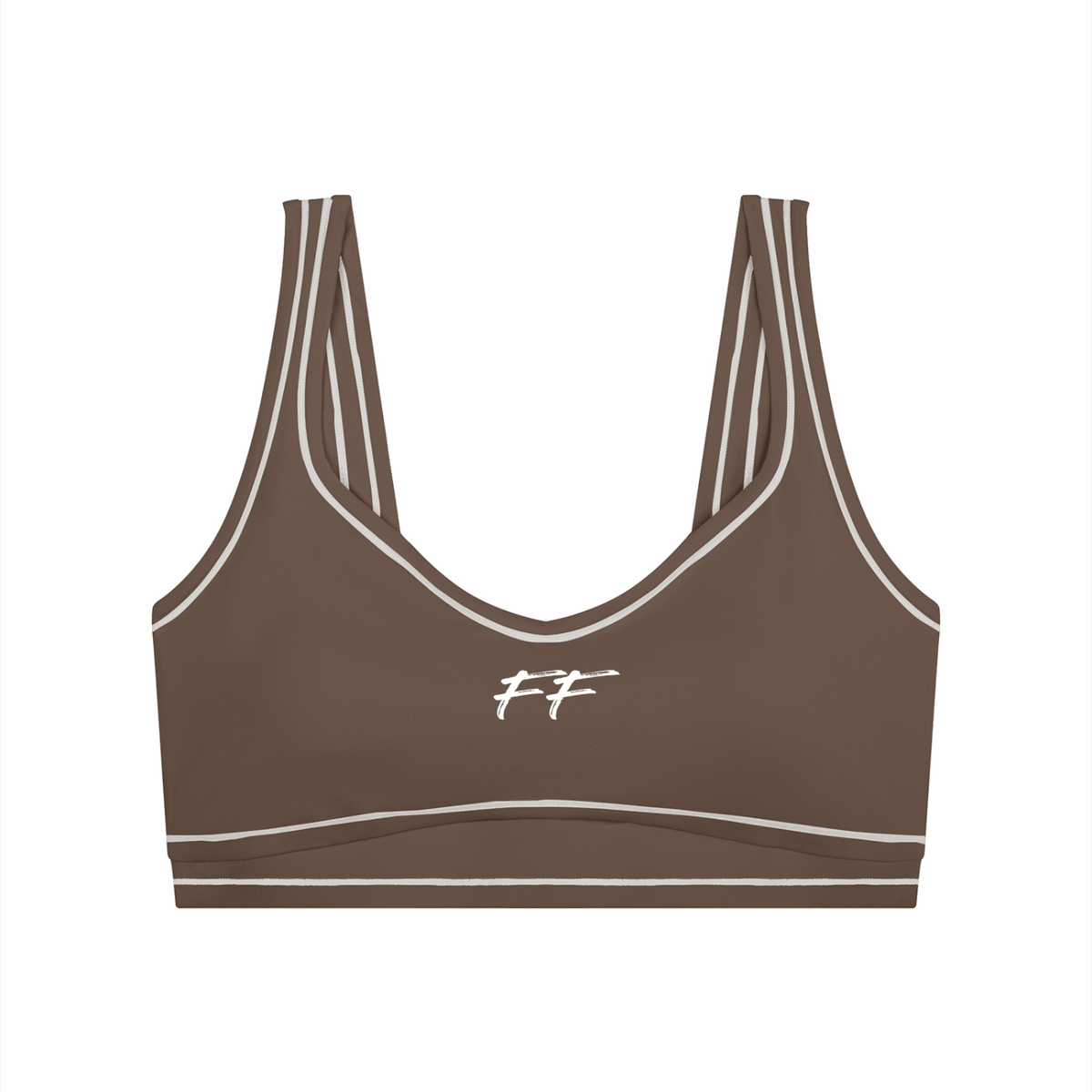 Brown nylon blend yoga sports bra with white contrast edges and logo featuring Double Take Topstitching detail.