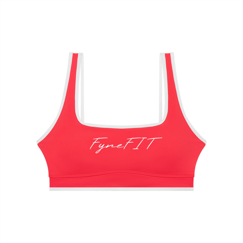 Double Take Block Yoga sports bra in bright red with white trim and white FyneFIT logo, sleeveless crop design in stretch fabric.