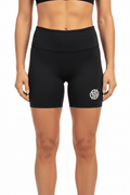 Women's High-Waisted Biker Shorts in black nylon-spandex blend with a high waistband and white logo on left leg.