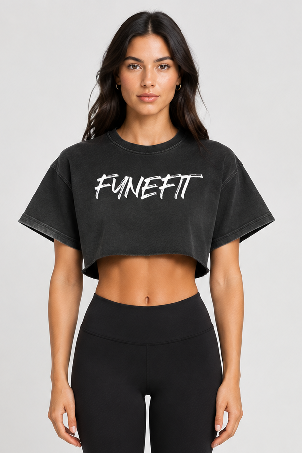Black crop top with white logo on model
