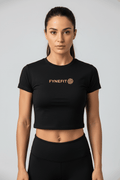 Women’s Performance Crop T-Shirt in black polyamide fabric with short sleeves and branded logo across the chest