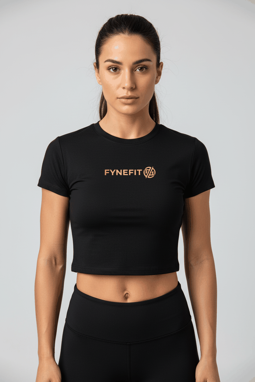 Women’s Performance Crop T-Shirt in black polyamide fabric with short sleeves and branded logo across the chest