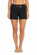 Women’s High Rise Pocket Yoga Shorts in black nylon-elastane blend with side pockets and logo detail on the waistband.