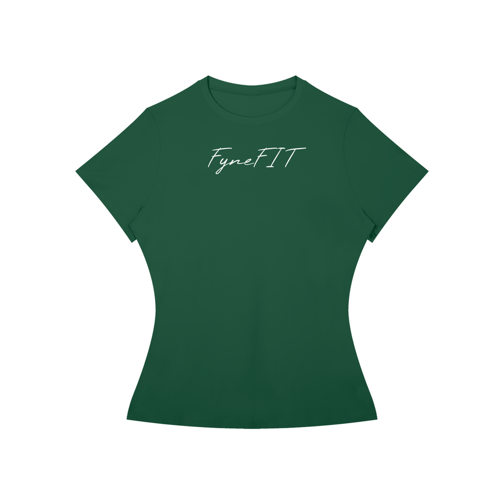 Women’s Slim Fit Performance T-Shirt in dark green polyamide with short sleeves and white "FyneFIT" logo on front.