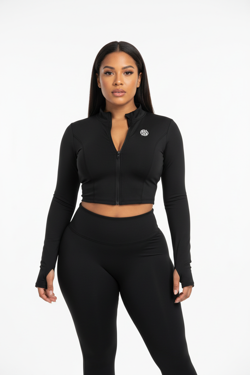 Crop Yoga Sports Jacket – Black with Model