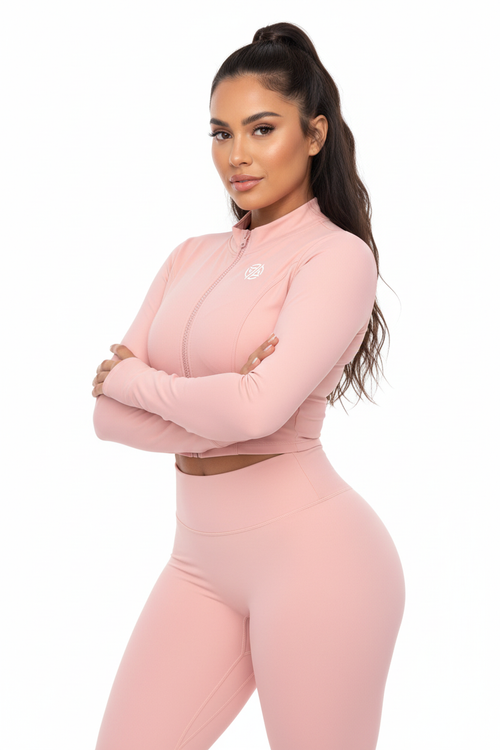 Crop Yoga Sports Jacket – Pink with Model