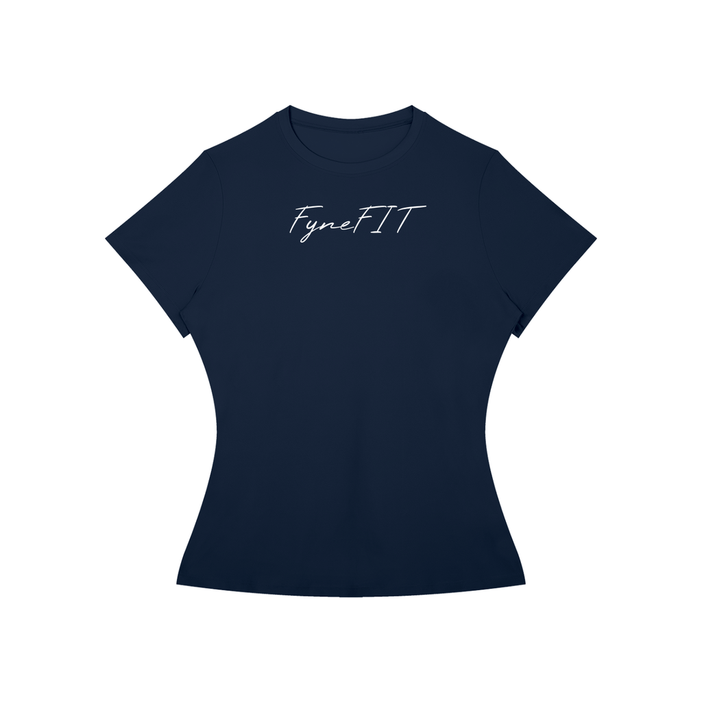 Women’s Slim Fit Performance T-Shirt in navy blue polyamide-elastane fabric with short sleeves and "FyneFIT" printed on front.