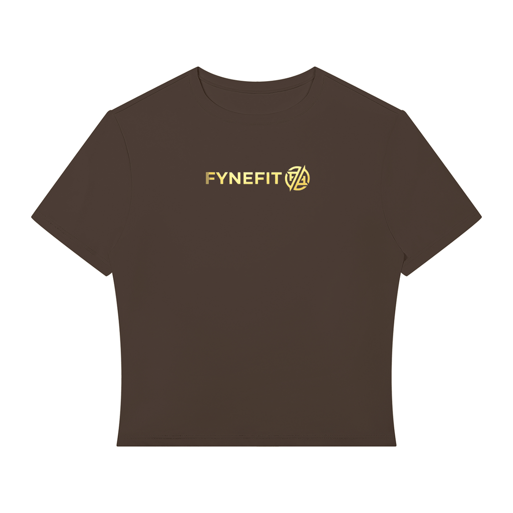 Women’s Performance Crop T-Shirt in brown with short sleeves, round neck, and yellow "FYNEFIT" logo printed on front.
