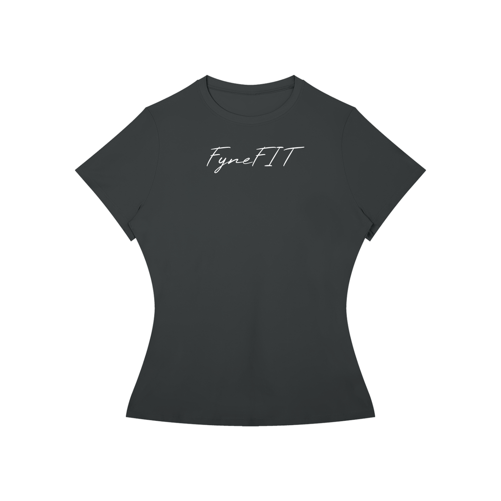 Women’s Slim Fit Performance T-Shirt in black polyamide blend with short sleeves, round neck, and "FyneFIT" text print on front.