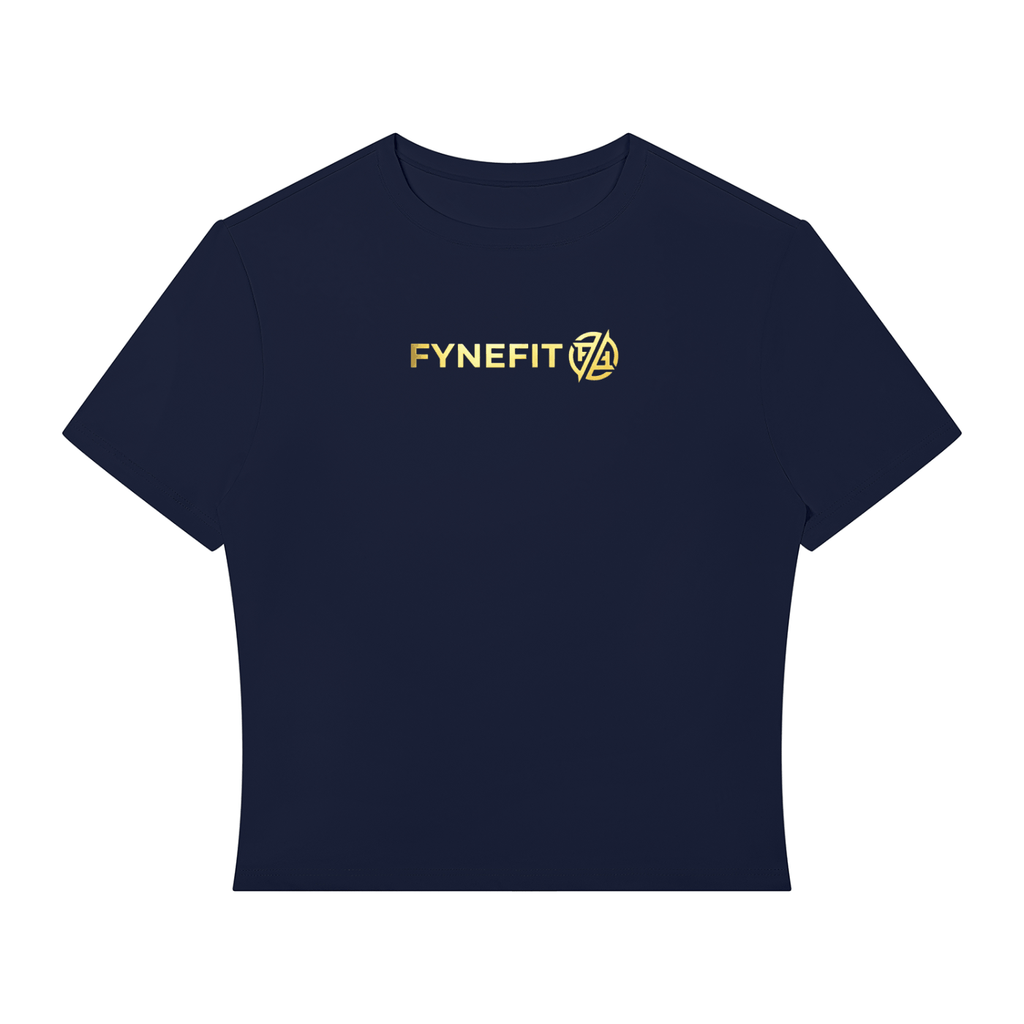 Women’s Performance Crop T-Shirt in navy blue with short sleeves and round neck, featuring gold "FYNEFIT" logo on front.