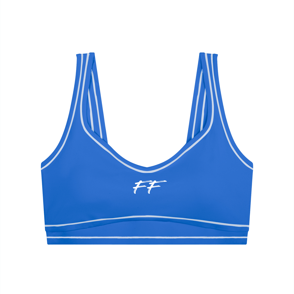 Blue nylon blend sports bra with white contrast seams, U-neckline, and elastic hem featuring Double Take Topstitching details.