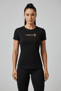 Women's slim fit black performance T-shirt with FyneFIT logo on the chest, shown from the front.