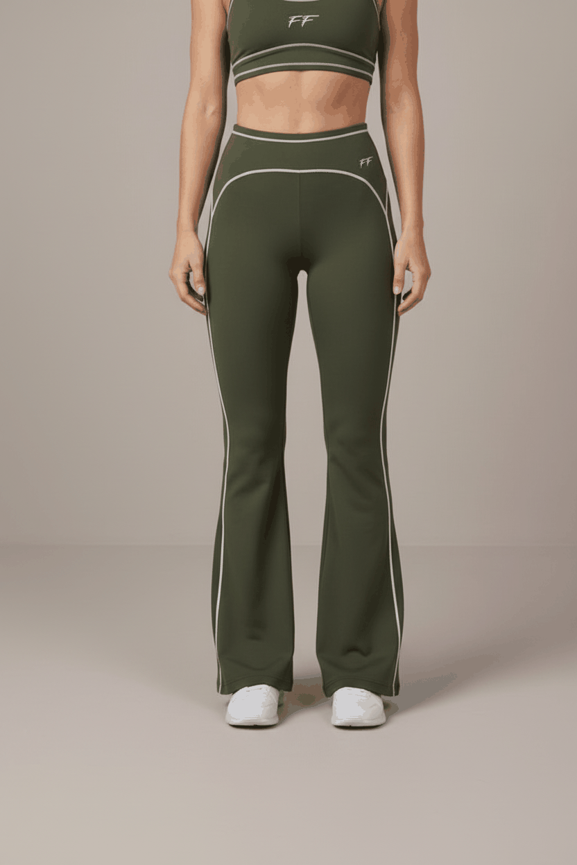 Double Take High Rise women's yoga pants in olive green with white piping and a flared leg design, made from stretchy fabric.