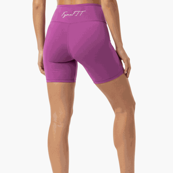 Women's High-Waisted Biker Shorts in vibrant purple nylon and spandex blend, featuring a fitted silhouette and logo detail on the waistband.