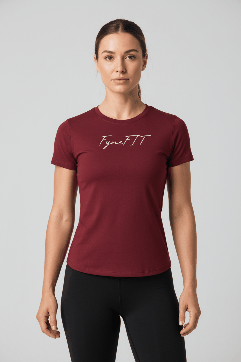Women’s Slim Fit Performance T-Shirt in burgundy with short sleeves and round neck featuring white cursive logo on front.